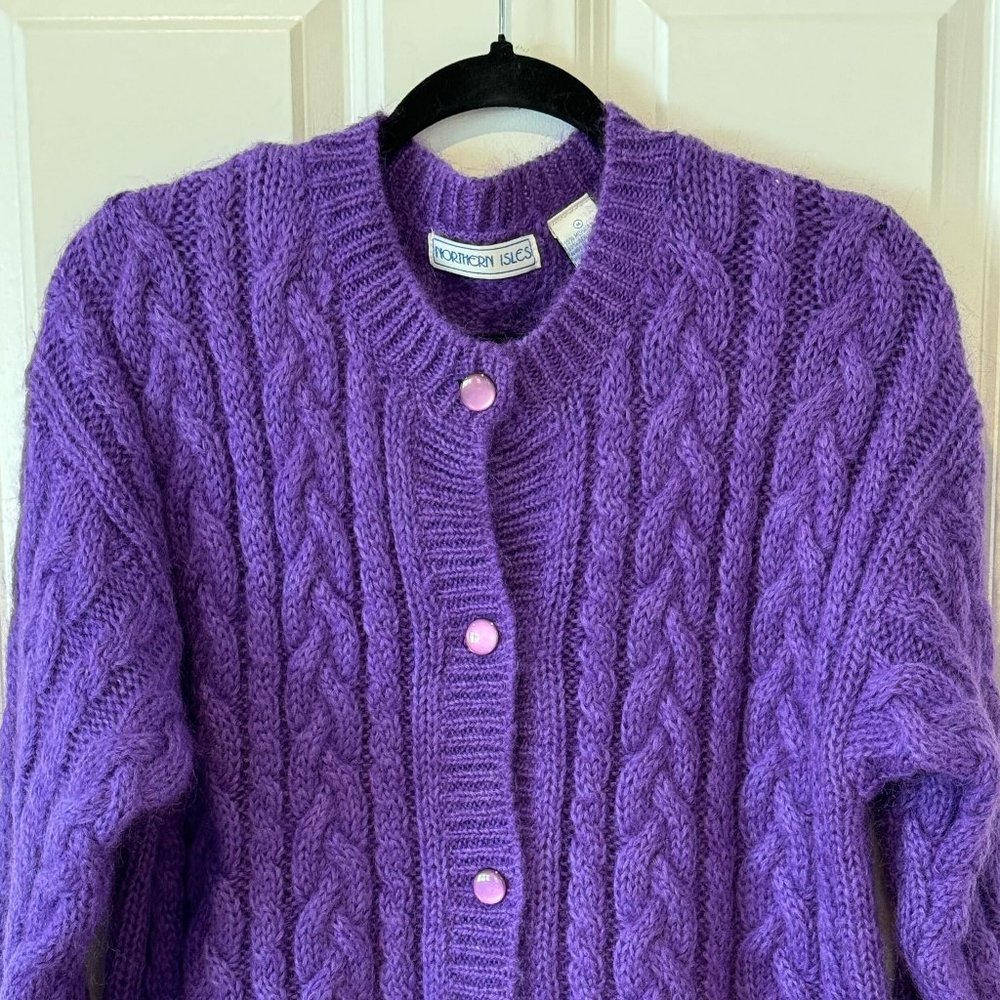 Northern Isles Purple Mohair Blend Cable Knit‎ Cardigan - Size Medium - Picture 2 of 11